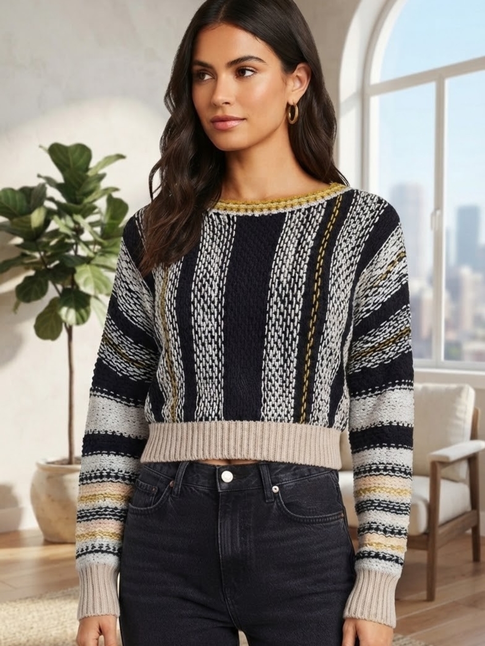 Free People Striped Crewneck Sweater - Black, Cream & Gold